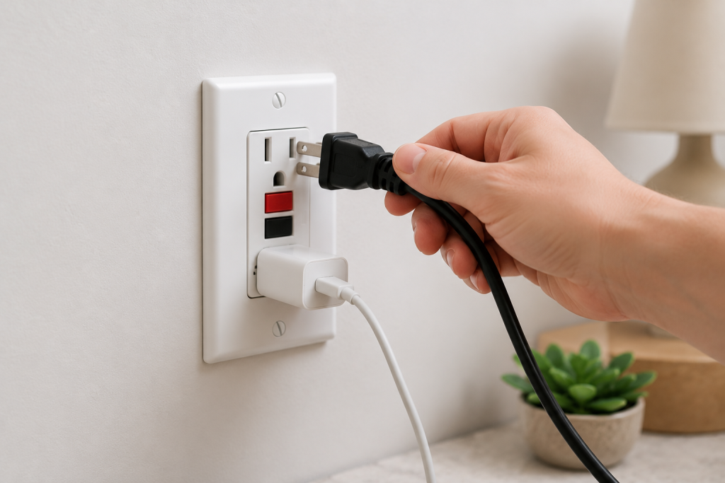 Hand unplugging electrical cords from a GFCI outlet keeps tripping during troubleshooting indoors