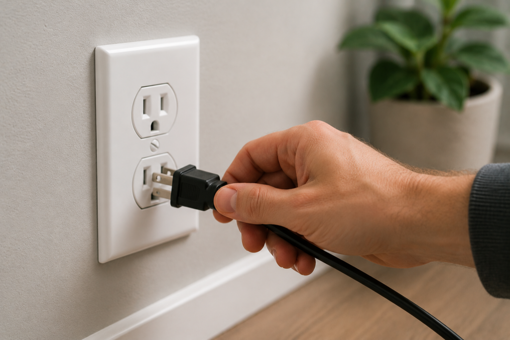 person unplugging electrical cords from a wall outlet during outlet troubleshooting in a residential home
