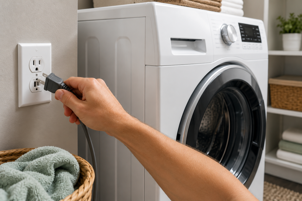 Hand unplugging a front-loading washing machine from a wall outlet before starting a washer drainage repair.