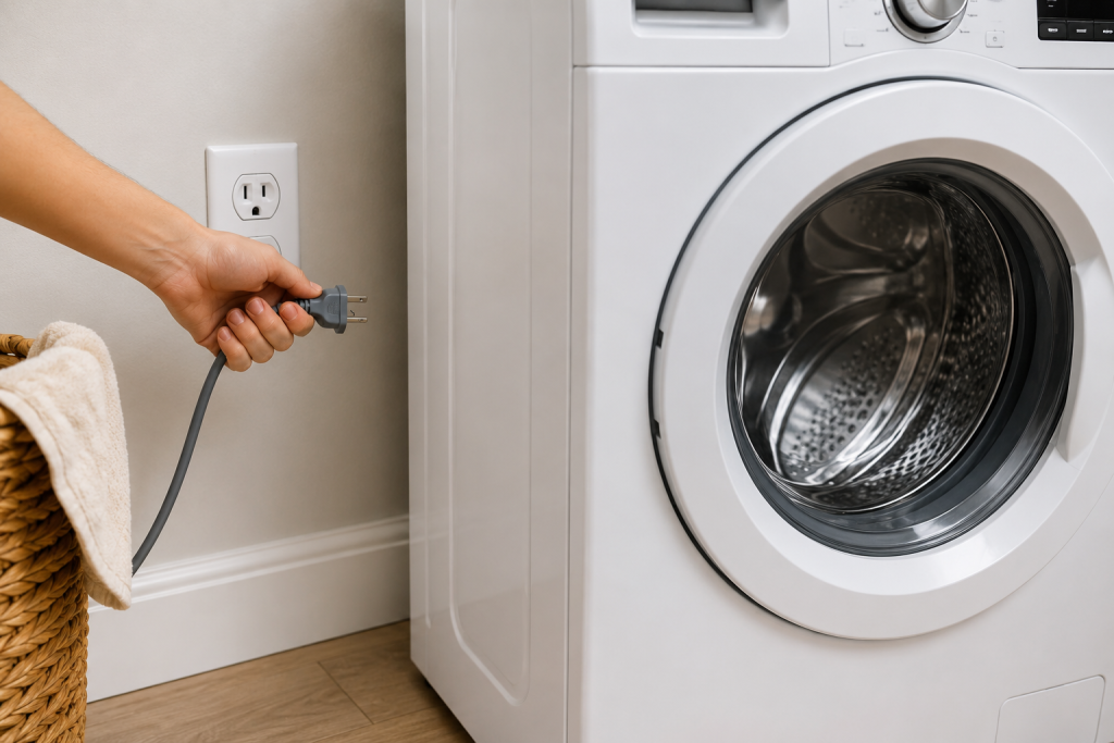 Homeowner unplugging an LG front load washing machine before troubleshooting a drainage problem in a laundry room LG washer OE code