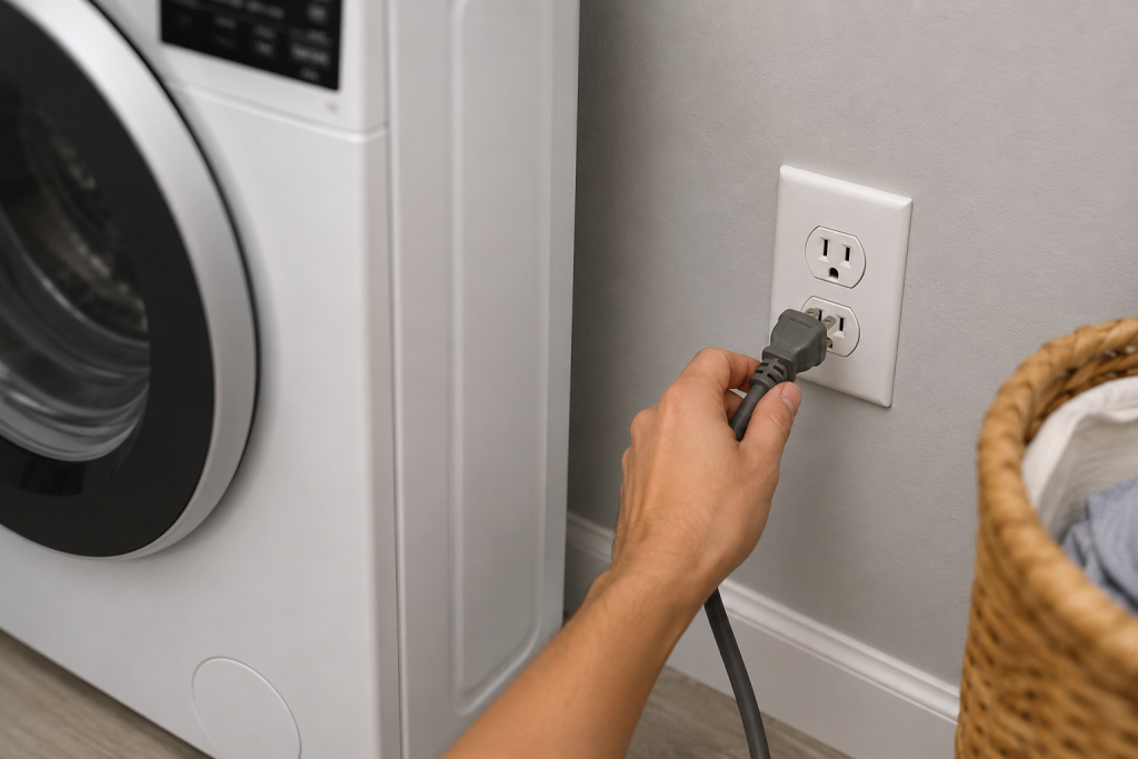 Hand unplugging a Whirlpool front-load washing machine from a wall outlet before troubleshooting Whirlpool washer F5E2 error code