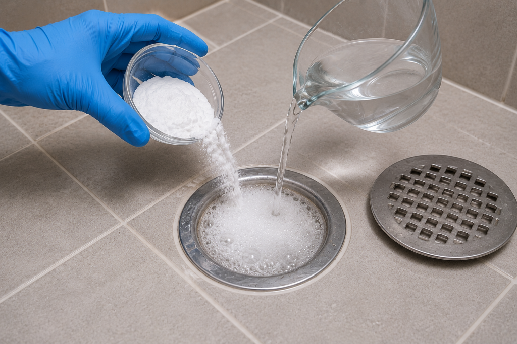 Baking soda and vinegar being poured into a shower drain to help break apart a clog on a tiled bathroom floor