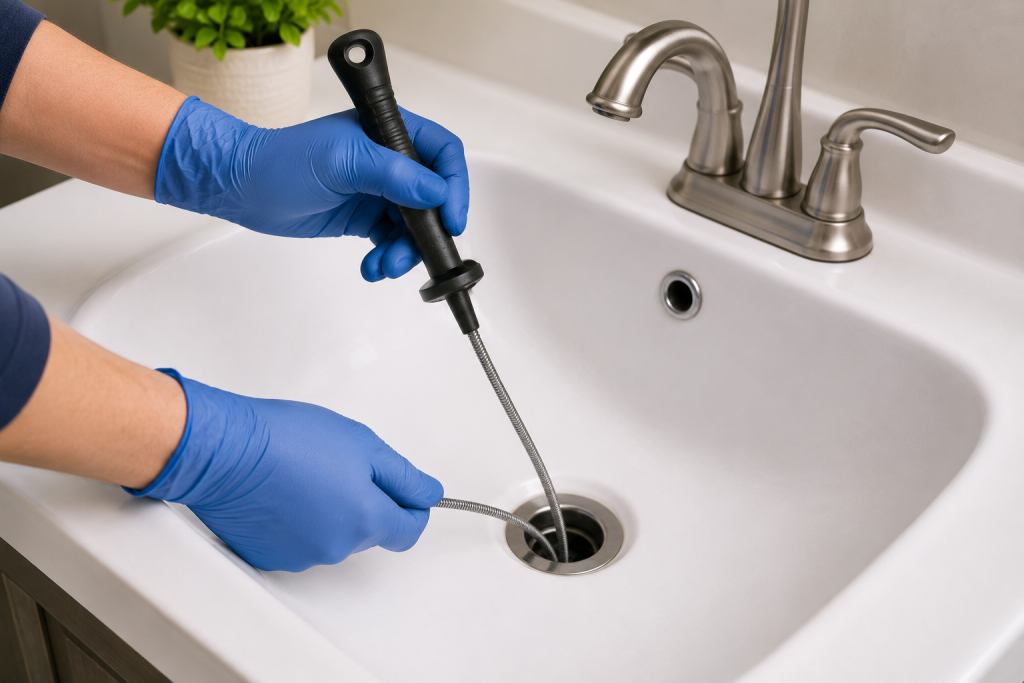 Flexible drain snake tool being inserted into a bathroom sink drain to remove a clog causing slow drainage.