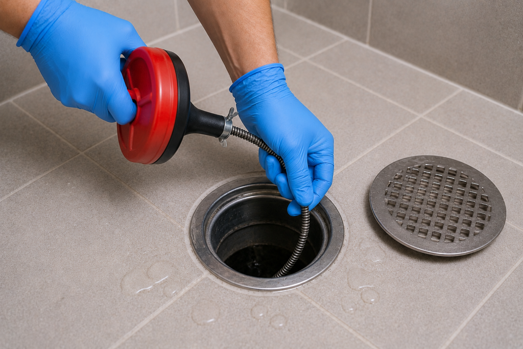 Drain snake being inserted into a clogged shower drain on a tiled bathroom floor during a DIY plumbing repair