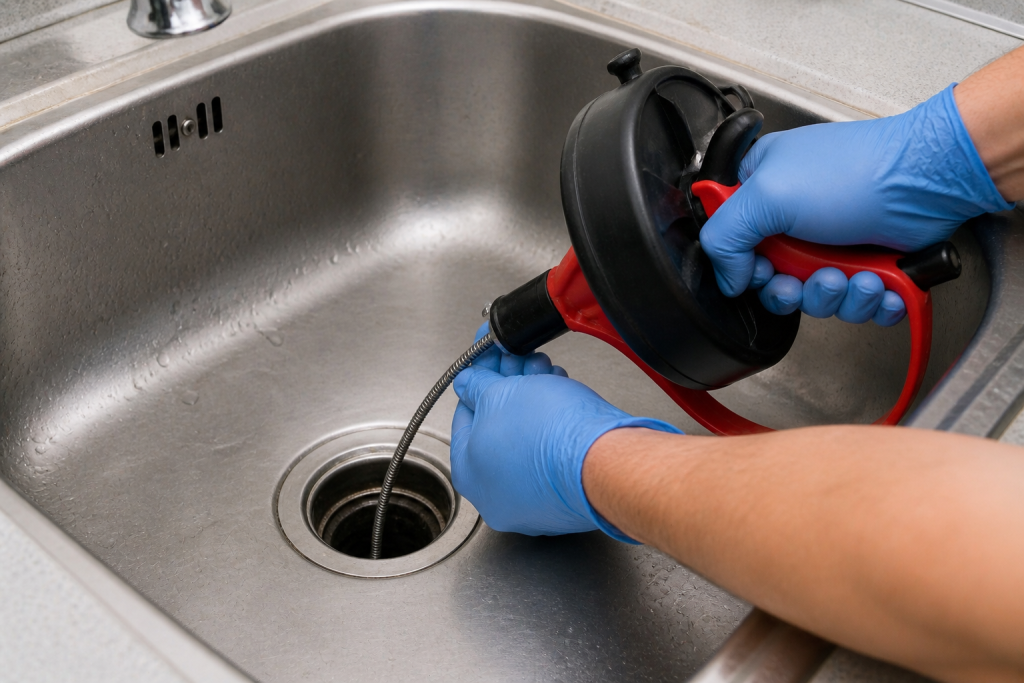 using drain snake to remove clog from sink drain
