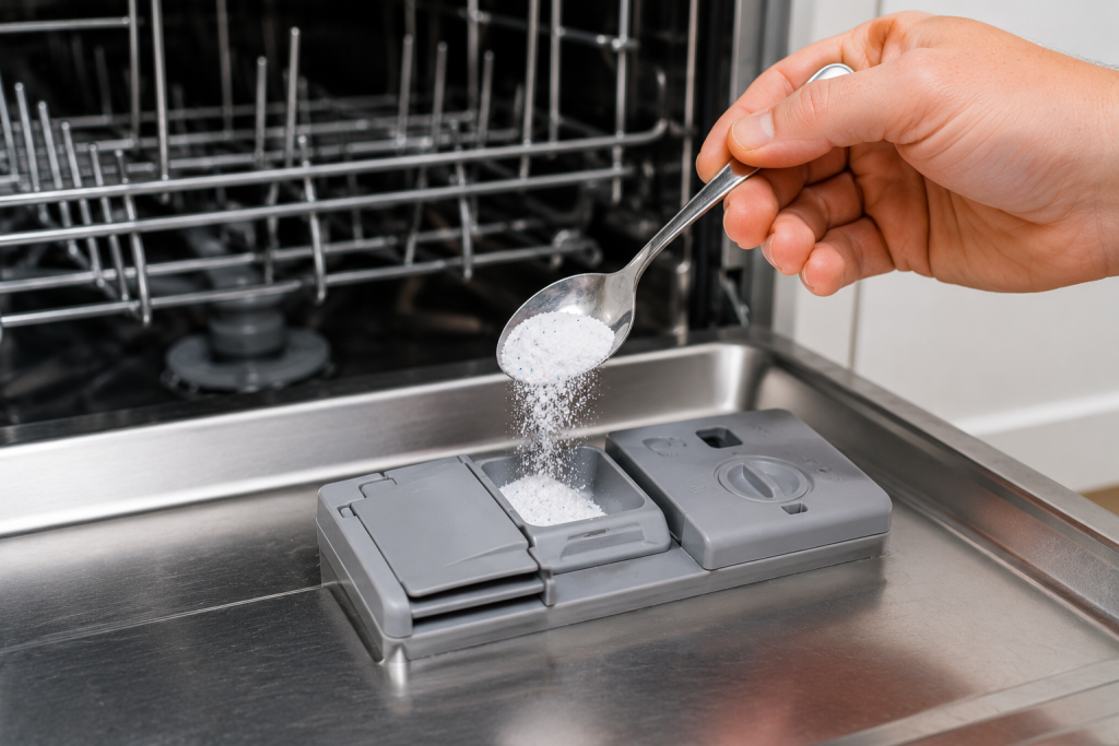 Hand adding a small amount of dishwasher detergent into a dishwasher dispenser compartment to prevent cloudy dishes and residue buildup