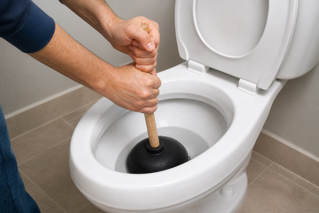 Using a plunger in a toilet bowl to fix a toilet that won’t flush