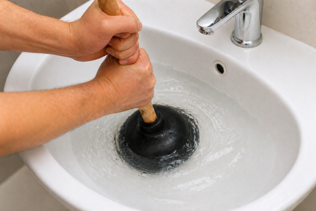 using plunger on sink drain to unclog blockage