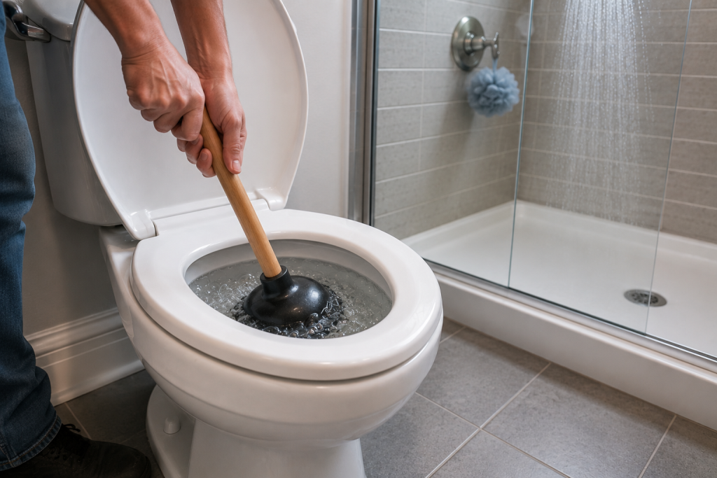 Person using a toilet plunger in bathroom to clear drain clog causing toilet bubbling when shower runs