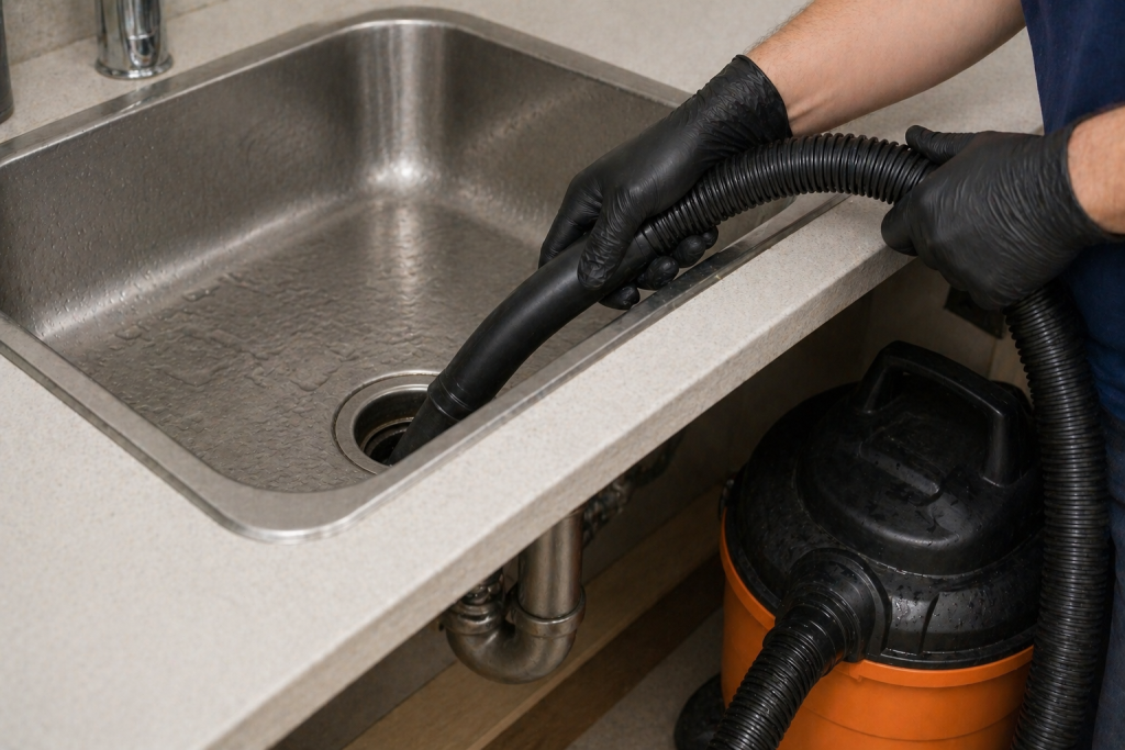 using wet dry vacuum on sink drain to remove stubborn clog
