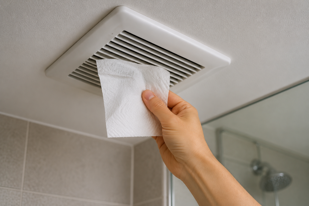 Homeowner holding a sheet of toilet paper against a bathroom exhaust fan grille to test airflow and confirm the fan is operating properly.