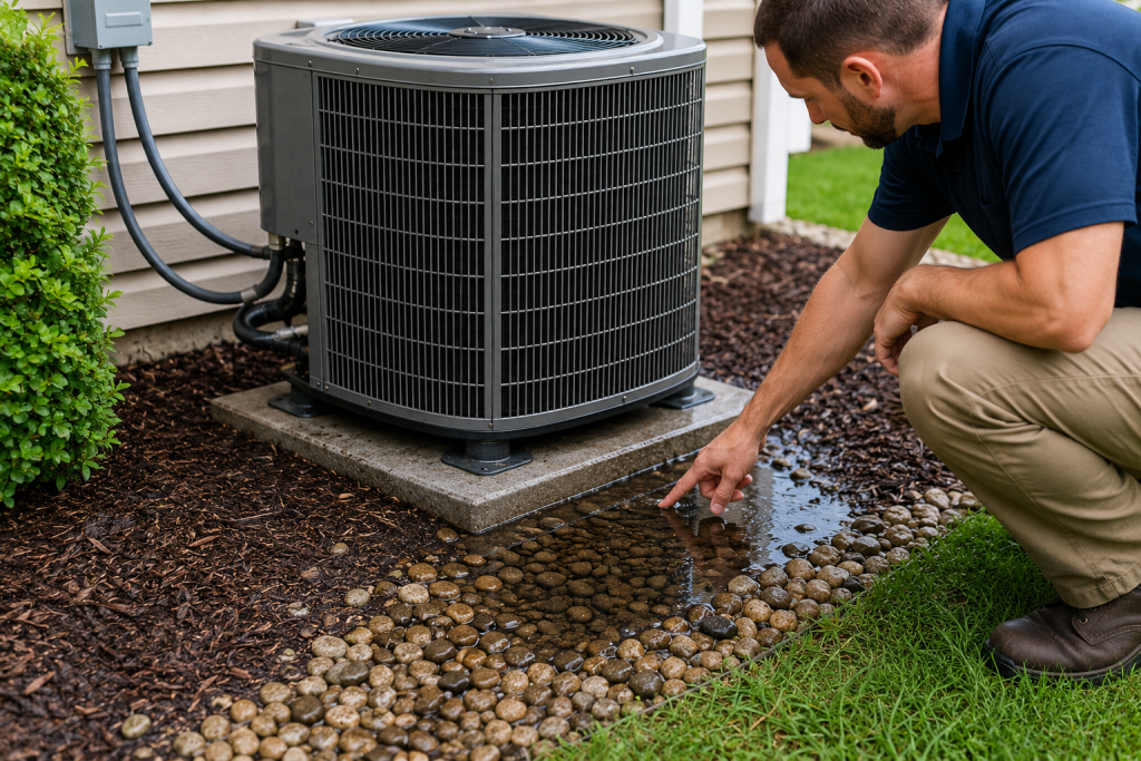 Checking proper drainage around an outdoor air conditioning unit to prevent water damage