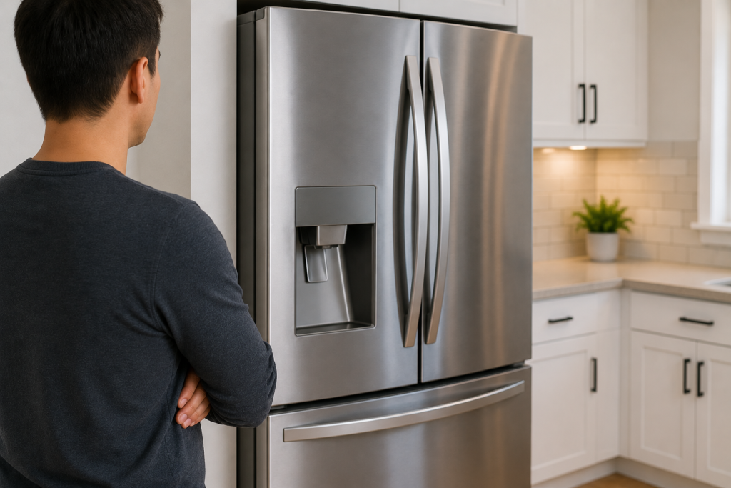 Homeowner waiting beside a stainless steel refrigerator in a modern kitchen while the appliance cools down after being reset following a power outage
