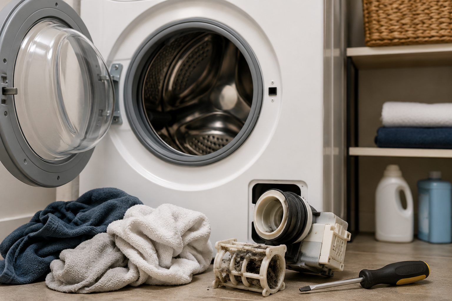 Front-loading washing machine with open drum and laundry tools during washer spin cycle repair troubleshooting