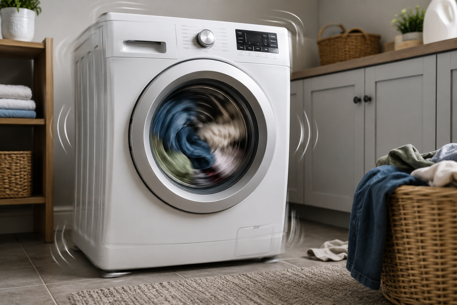 Front-load washing machine shaking violently during a spin cycle in a modern laundry room