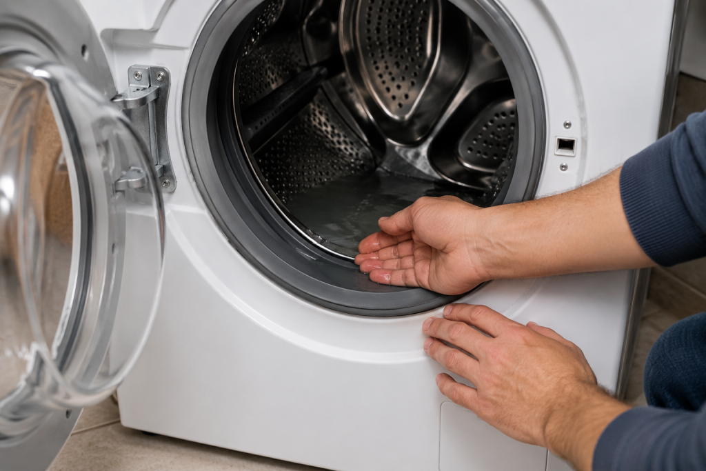 Person checking for standing water inside a front-loading washing machine drum during washer drain troubleshooting