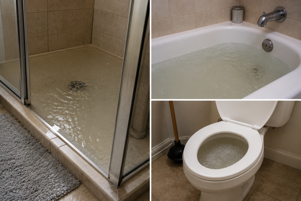 Bathtub and shower drain filling with dirty backup water caused by a clogged residential sewer line