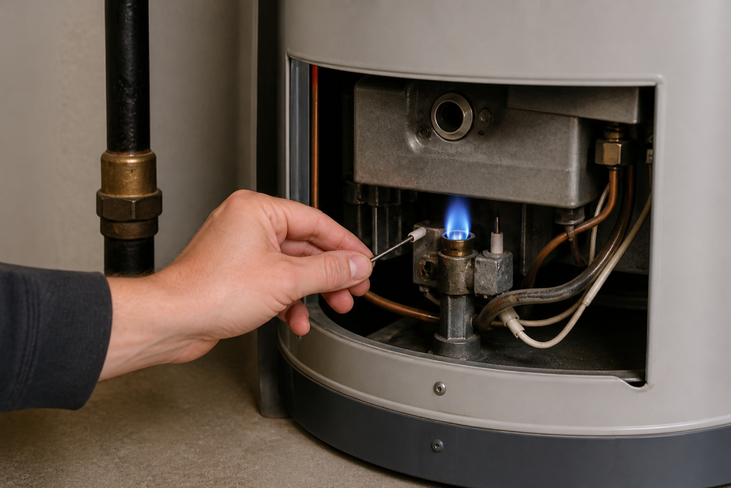 checking pilot light flame on gas water heater burner assembly