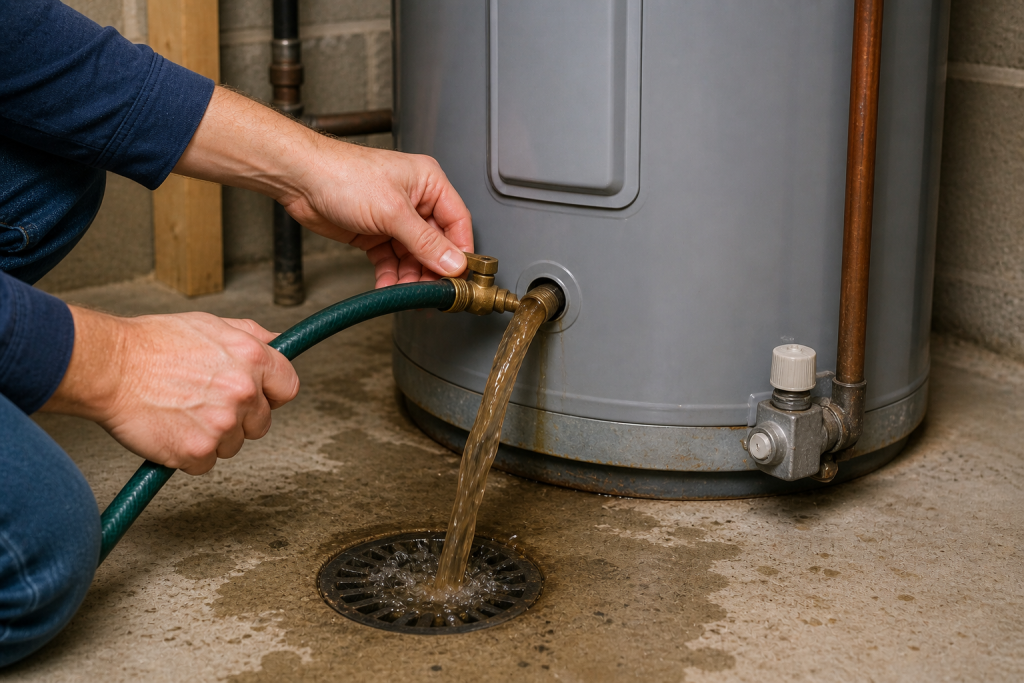 flushing water heater tank using hose to remove sediment buildup