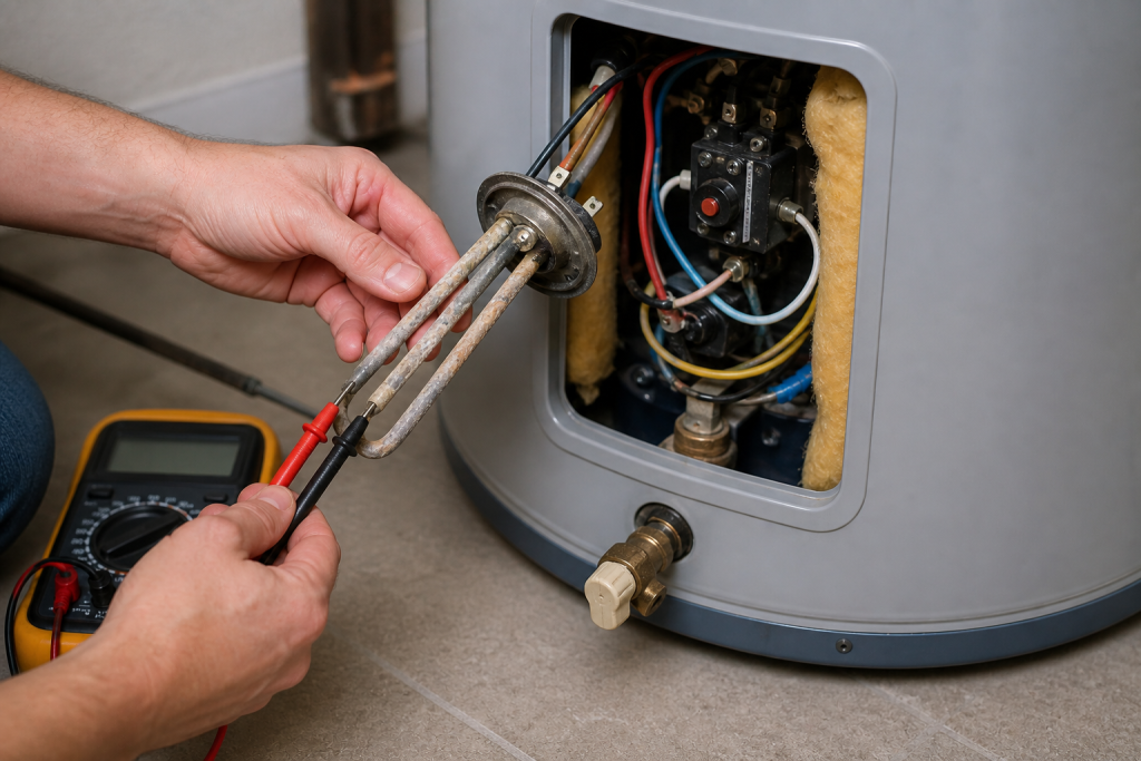 testing electric water heater heating element with multimeter probes