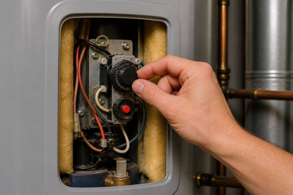 adjusting thermostat settings on electric water heater control panel water heater not producing hot water