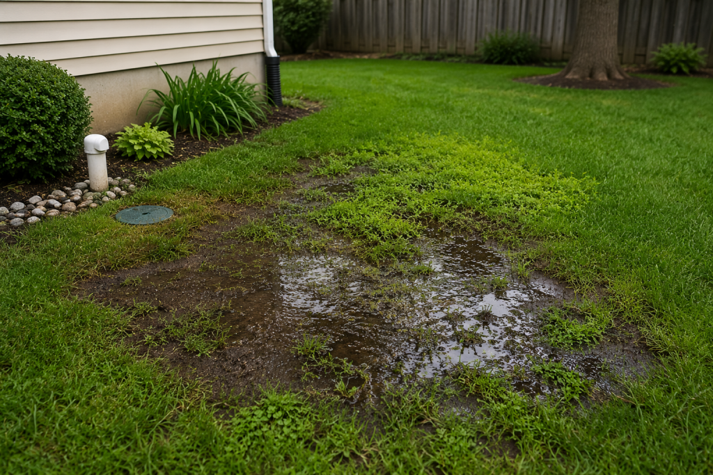 Bright green soggy grass area in a residential yard caused by an underground sewer line leak or blockage