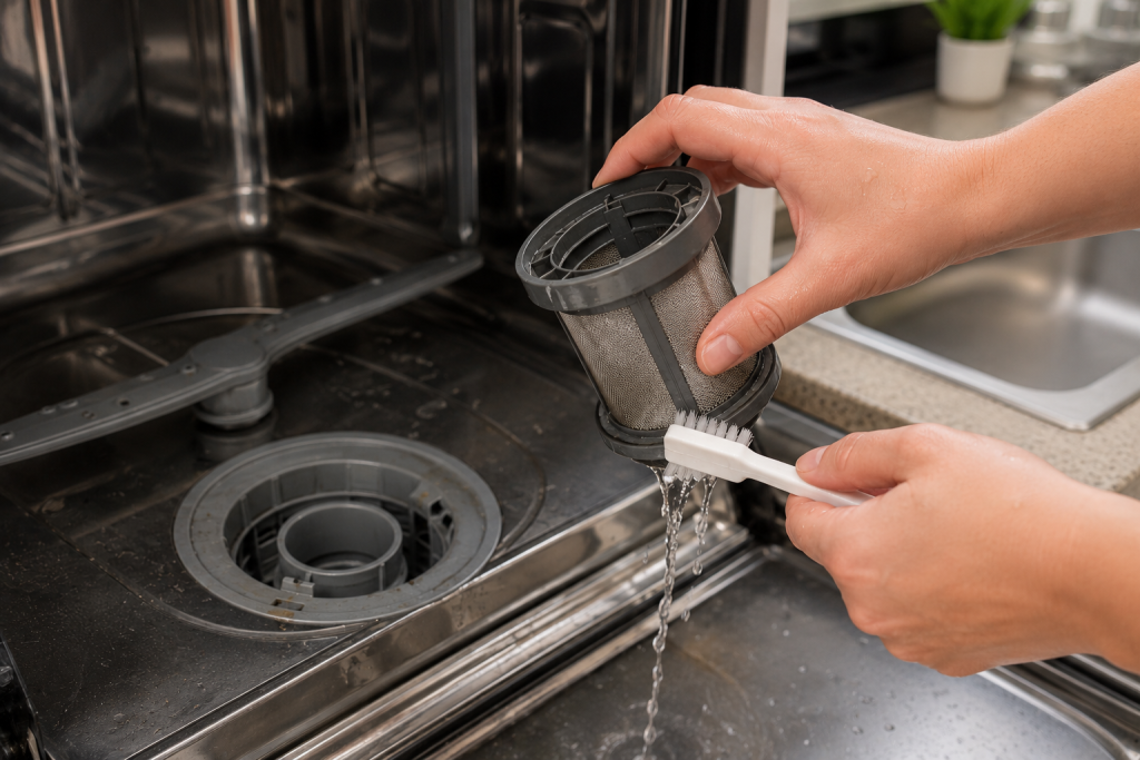 Cleaning a Whirlpool dishwasher filter with a small brush inside an open dishwasher during F9 E1 drain error troubleshooting