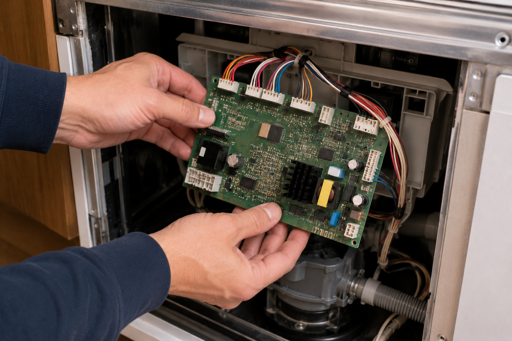 Technician inspecting the electronic control board wiring inside a Whirlpool dishwasher during F9 E1 troubleshooting