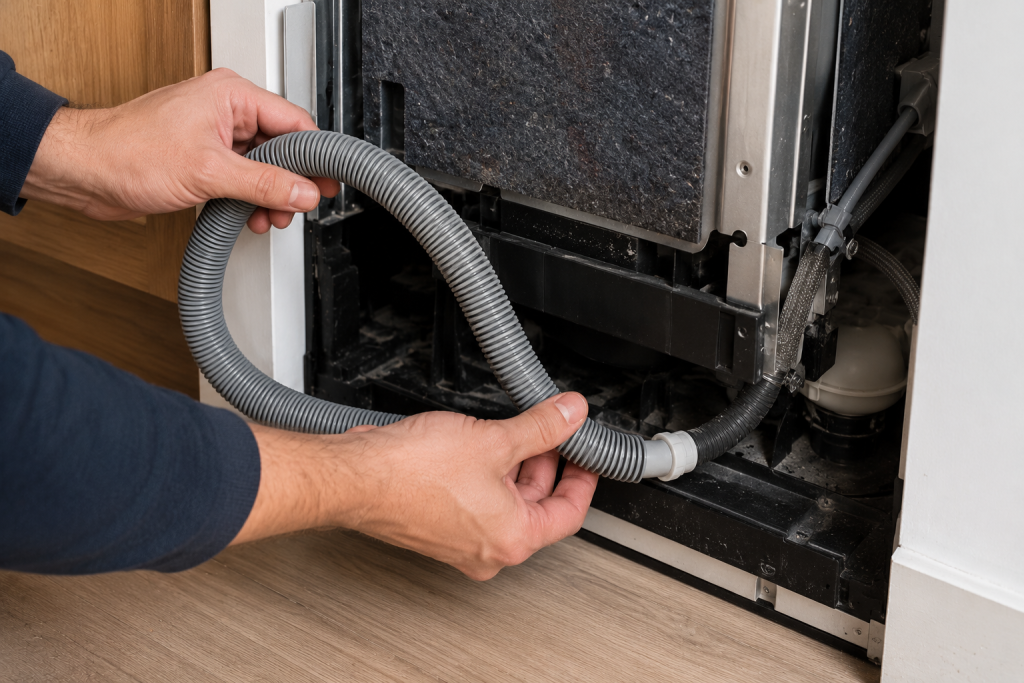 Person inspecting the drain hose behind a Whirlpool dishwasher for kinks or clogs during F9 E1 troubleshooting