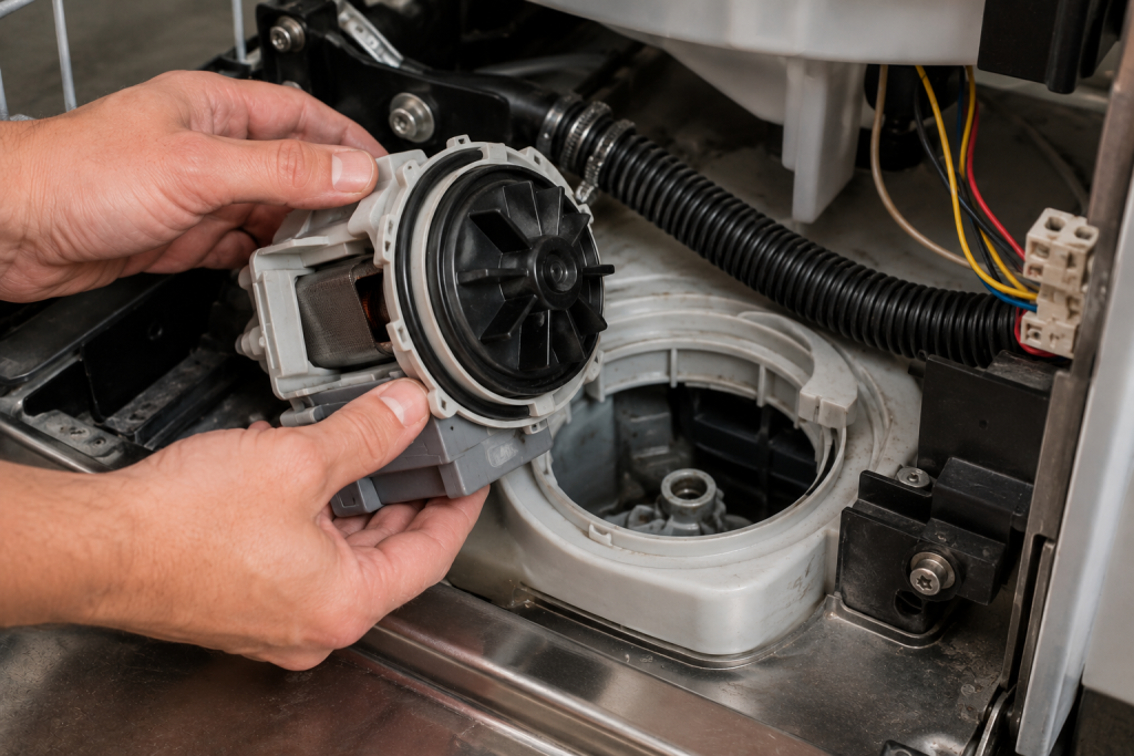 Hands inspecting and removing a Whirlpool dishwasher drain pump assembly during F9 E1 troubleshooting