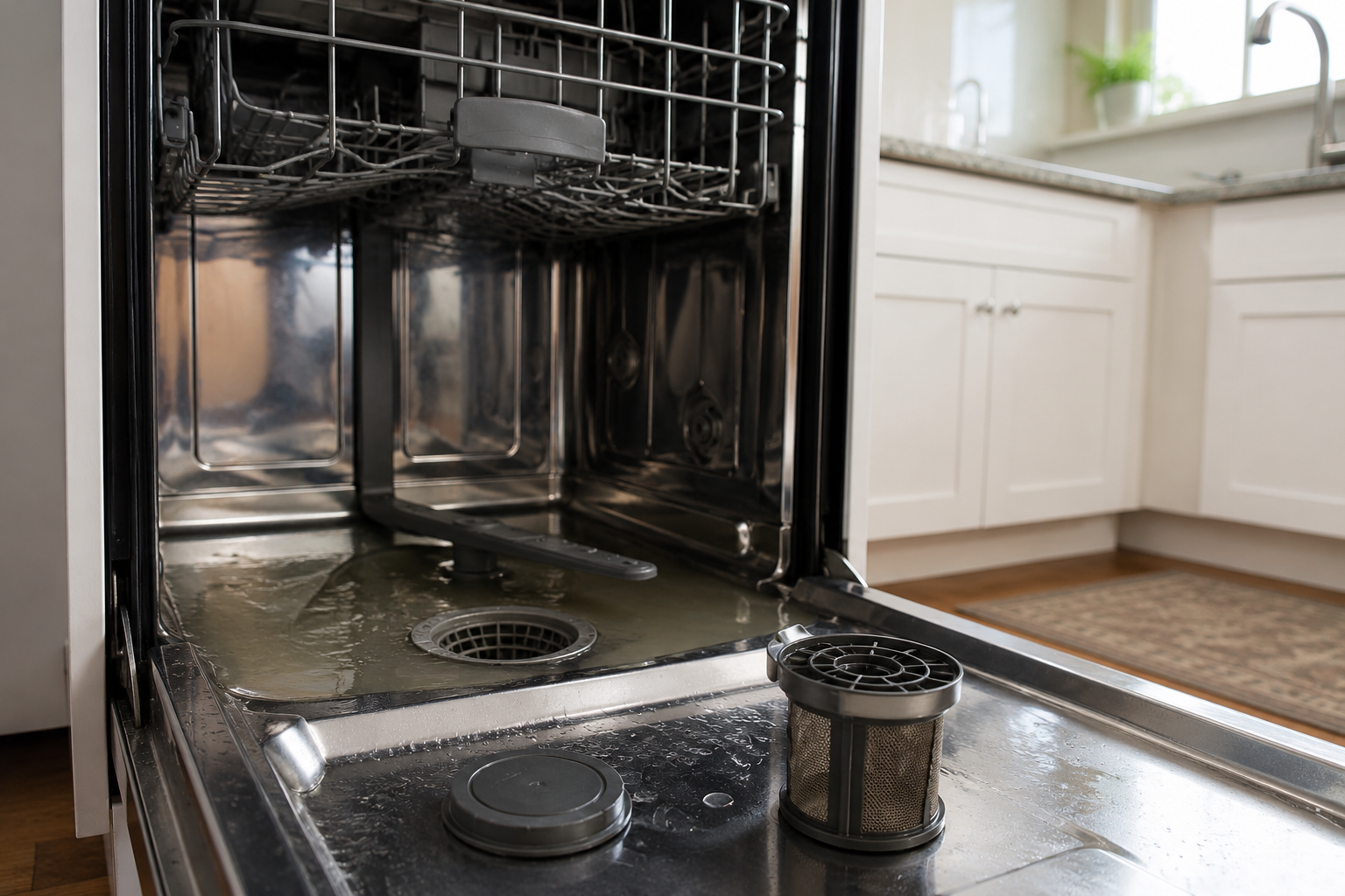 Whirlpool dishwasher with standing water and removed filter during F9 E1 drain error troubleshooting in a modern kitchen