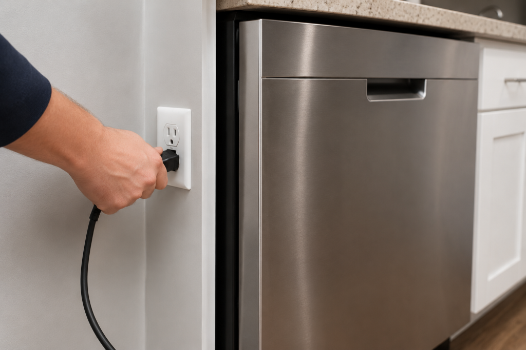 Person unplugging a Whirlpool dishwasher from a kitchen outlet to reset the appliance during Whirlpool Dishwasher F9 E1 troubleshooting