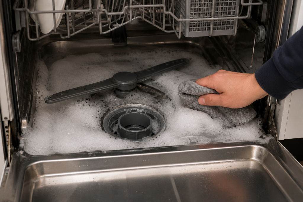 Excessive soap suds inside a Whirlpool dishwasher being wiped away during F9 E1 drain error troubleshooting