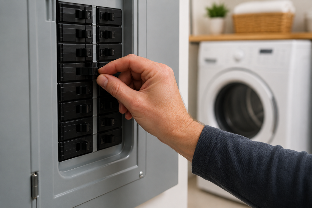Homeowner checking a laundry room electrical breaker panel while troubleshooting a Whirlpool Dryer Not Heating but Still Spins