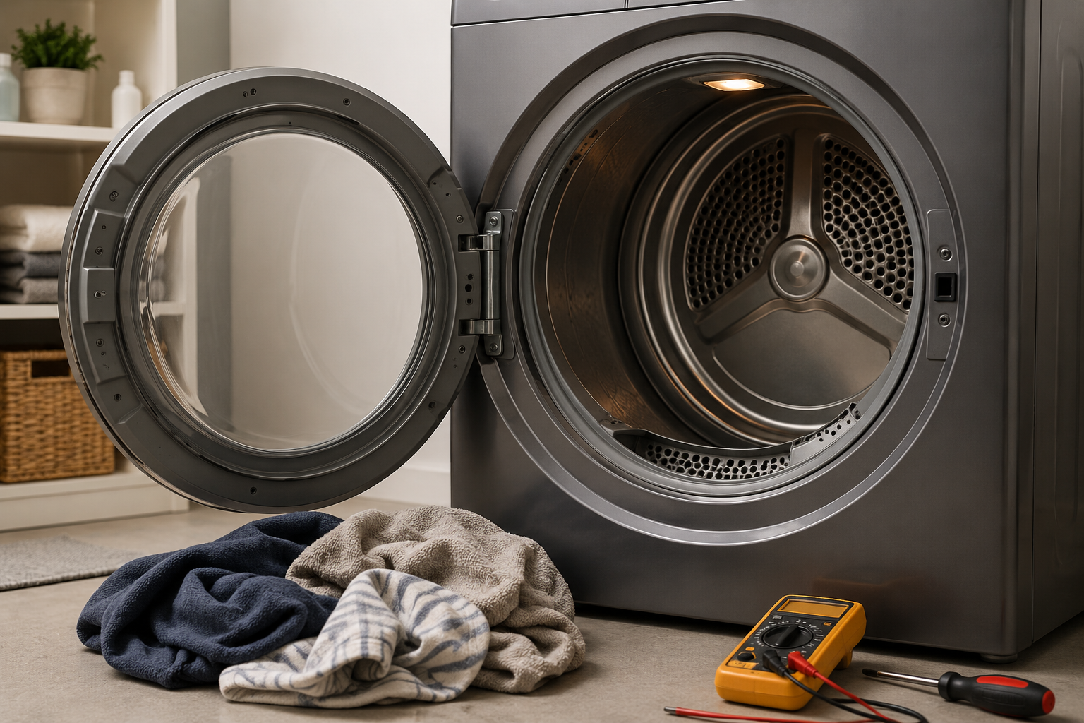 Whirlpool dryer open in modern laundry room with troubleshooting tools and clothes on floor for dryer not heating repair guide