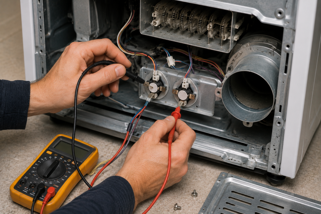 Technician inspecting a Whirlpool dryer thermal cutoff and high-limit thermostat with a multimeter inside an opened dryer during heating repair troubleshooting