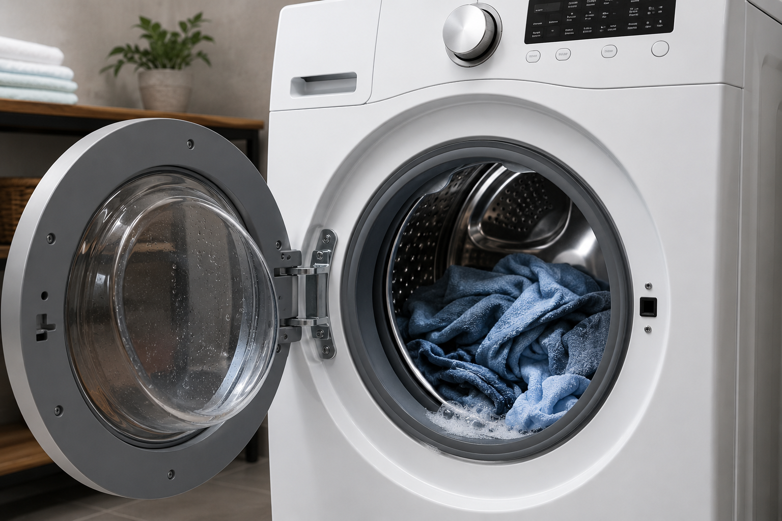 Front-loading washing machine with the door open and wet clothes inside in a modern laundry room, representing a Whirlpool washer F9 E1 long drain error troubleshooting guide.