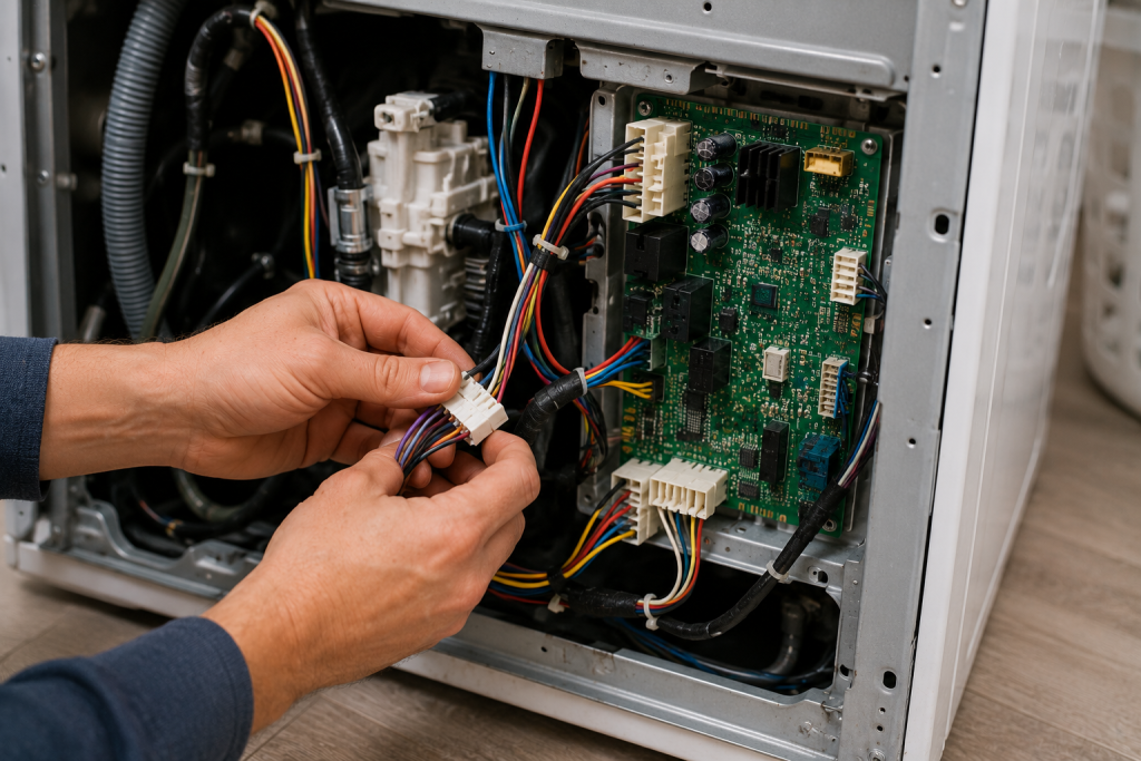 Inspecting wiring connections and the main control board inside a Whirlpool washing machine during Whirlpool F9E1 error troubleshooting