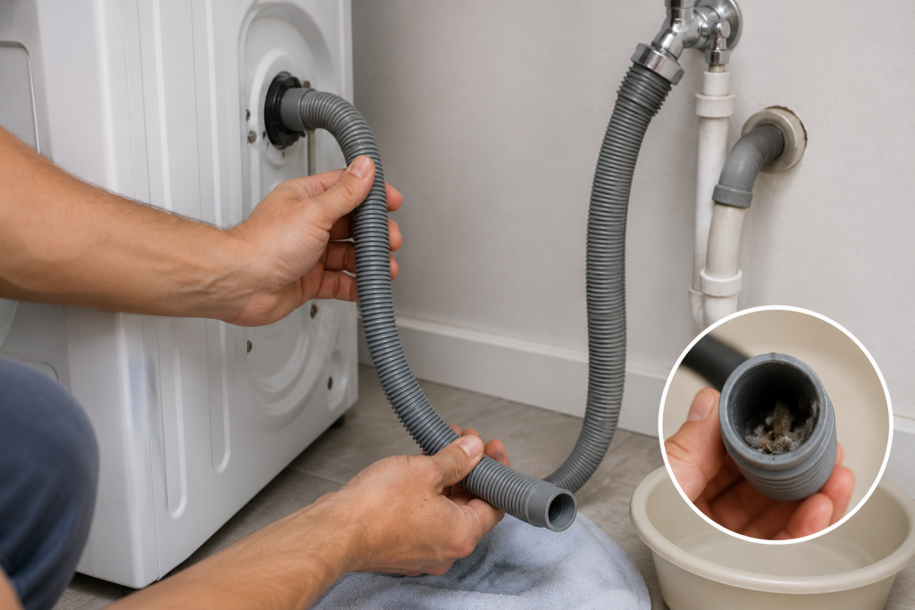 Inspecting a washing machine drain hose for kinks, clogs, or blockages during Whirlpool washer F9E1 error troubleshooting