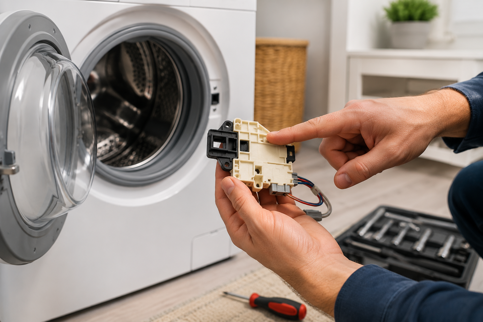 Whirlpool front-load washer displaying F5E2 error code in a modern laundry room during troubleshooting repair inspection