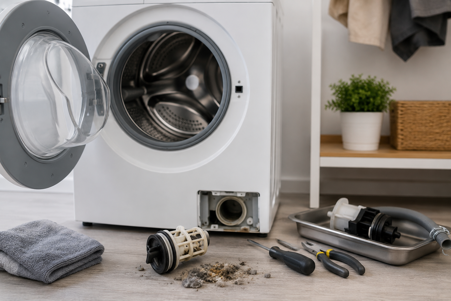Modern Whirlpool front-load washing machine displaying a drain error in a bright laundry room during F9E1 troubleshooting