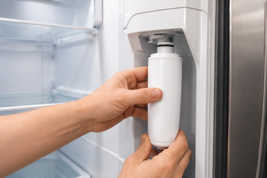 Hands installing a Whirlpool refrigerator water filter correctly inside the filter housing compartment