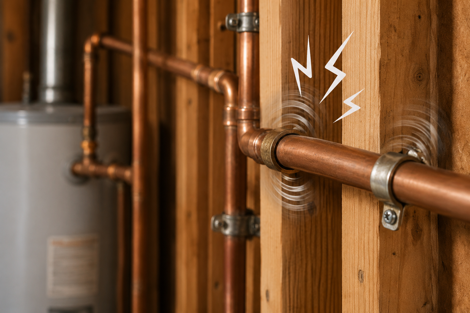 Homeowner inspecting noisy plumbing pipes under a sink with visible copper and water supply lines in a residential home basement or utility area