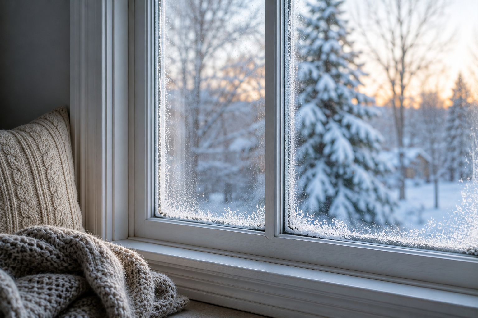 Frosty residential window with visible winter drafts and condensation inside a cozy home during cold weather