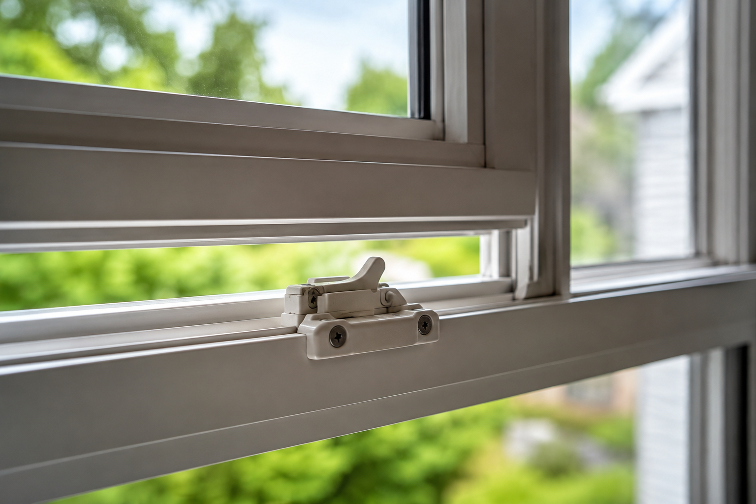 Vinyl window with locking latch slightly open inside a modern home showing window security repair concept