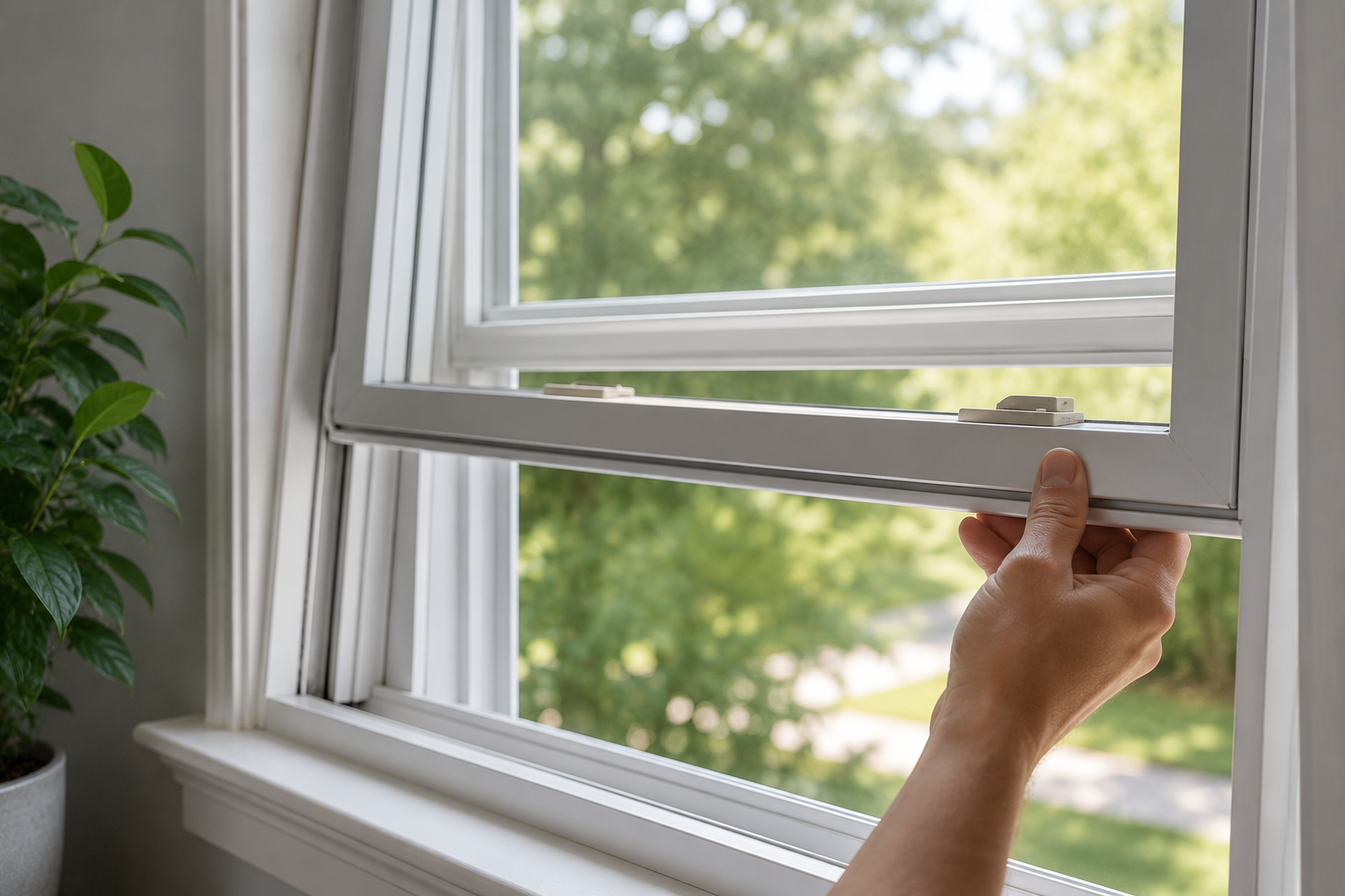 Double-hung residential window that will not stay open being held in position inside a bright home interior