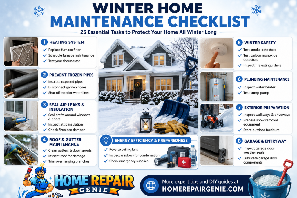 Winter home maintenance checklist overview graphic featuring snow-covered house, furnace maintenance, frozen pipe prevention, roof inspection, winter safety tasks, garage maintenance, and Home Repair Genie branding and website URL
