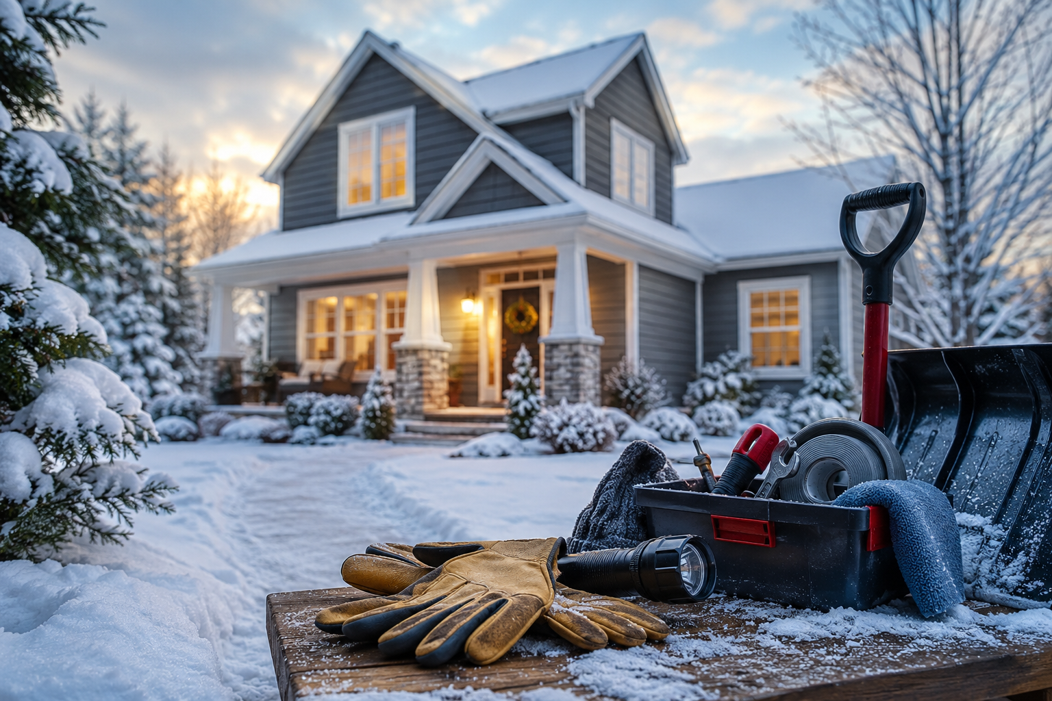 Snow-covered suburban home prepared for winter with snow shovel, gloves, flashlight, and winter maintenance tools in the foreground at sunset
