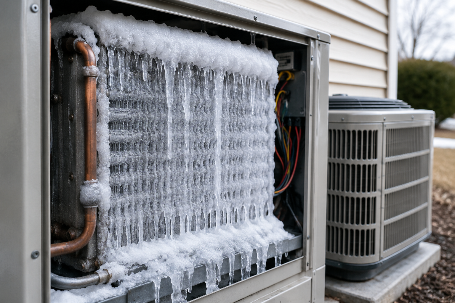 Frozen air conditioner evaporator coil covered in ice buildup inside a residential HVAC system during troubleshooting and repair.