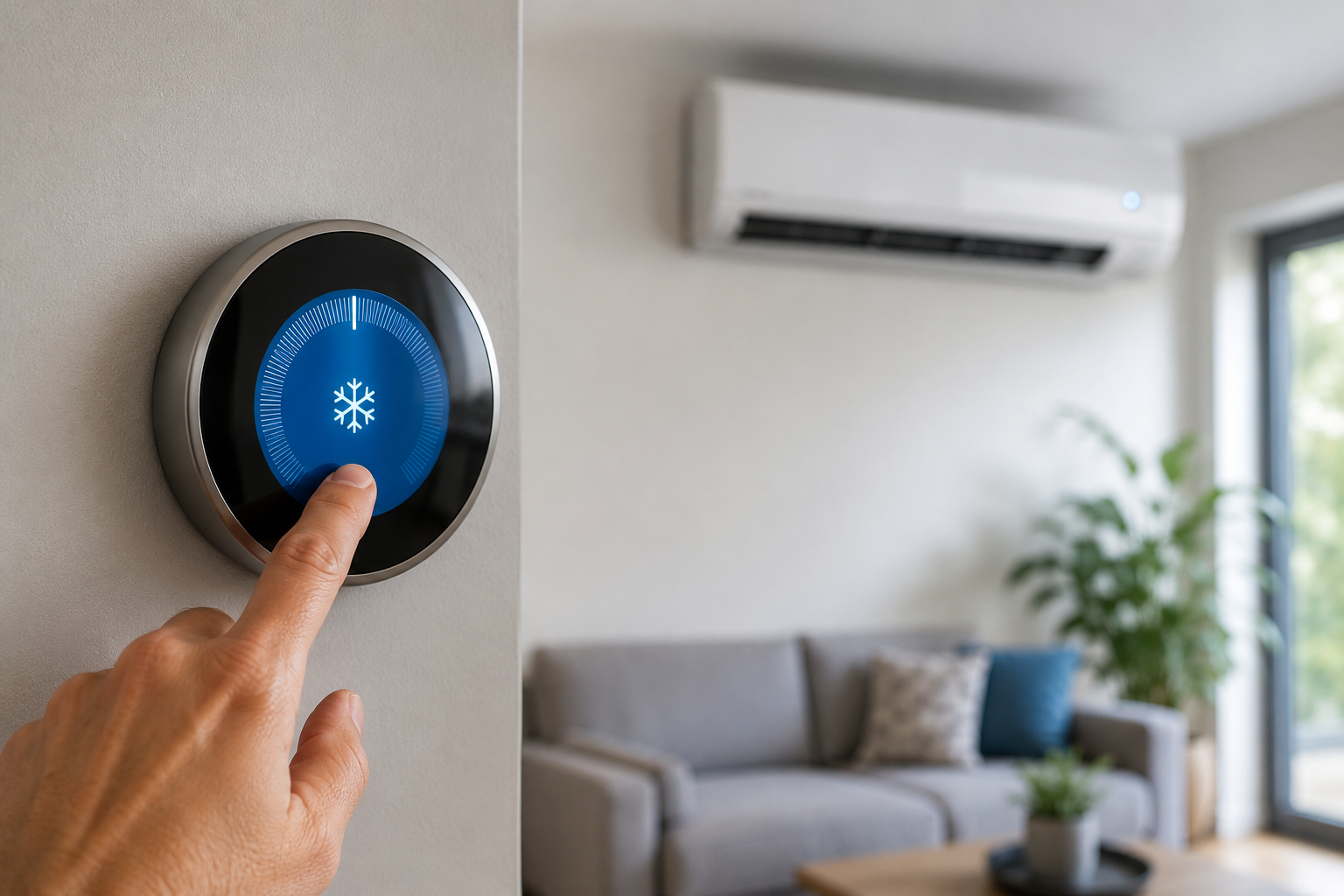 Central air conditioning thermostat displaying 75 degrees inside a home while an outdoor AC condenser unit runs in the background on a hot summer day.